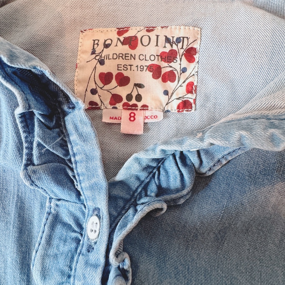 Bonpoint Light Blue Ruffle-Trim Denim Shirt - Picture 4 of 5